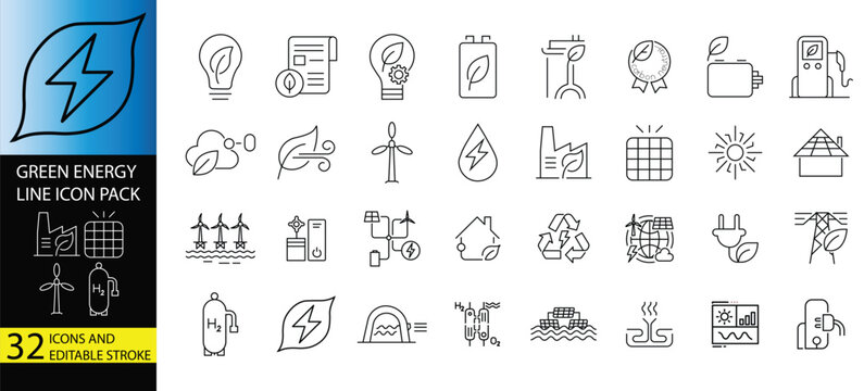 Green Energy and Renewable Power Line Icon Pack Vector Set with Editable Stroke Including Solar Panel, Wind Turbine, Hydrogen Fuel, Geothermal, Recycling and Eco Power Objects
