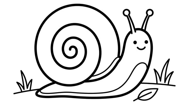Cute cartoon snail with a spiral shell in a simple black and white line art coloring page style