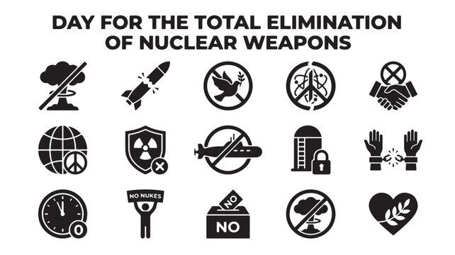 Nuclear weapons elimination icon set, international day for total disarmament vector elements, anti-war peace symbols and atomic ban graphics
