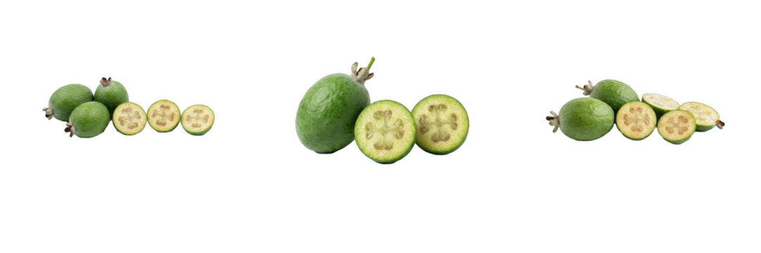 Fresh Ripe Feijoa Fruit with Whole Green Pineapple Guavas and Halves Cut Open Isolated on White Background, Juicy Sweet Exotic Tropical Fruits with Seeds for Healthy Diet, Organic Food Design, and Rec