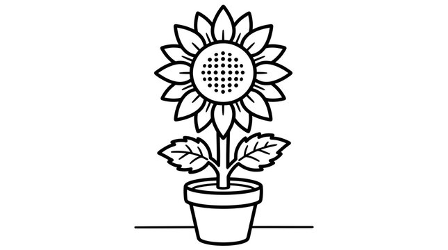 A simple black and white line art illustration of a single sunflower growing in a small plant pot