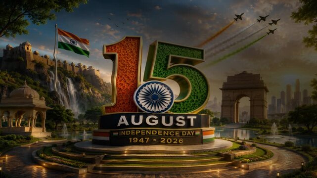 Indias 74th Independence Day celebration with monumental 15 August text Indian flag and fighter jets in the sky representing national pride and freedom