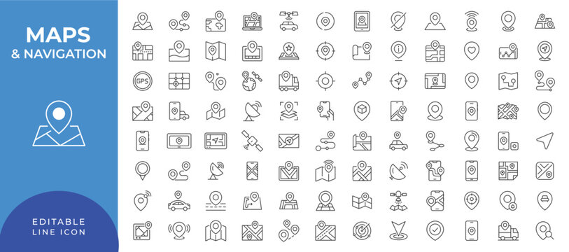 Map navigation and GPS location line icon set with Editable storke. containing route, pin and compass symbols.