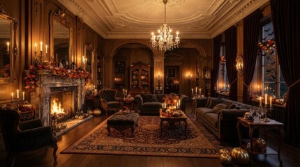 Obraz premium Elegant Victorian living room decorated for Halloween with pumpkins and candles