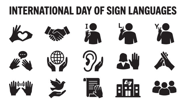 International Day of Sign Languages Icon Set, Black Deaf Communication Symbols EPS, Hand Gesture Line Art Vectors