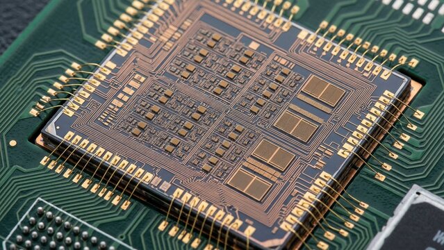 Close-up of Advanced Semiconductor Chip with Intricate Electronic Circuitry and Microprocessor Architecture