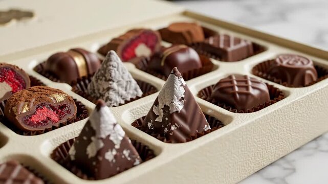 Assorted luxury chocolates and truffles in a gift box. Gourmet confectionery with silver leaf and fruit filling. High-end dessert collection