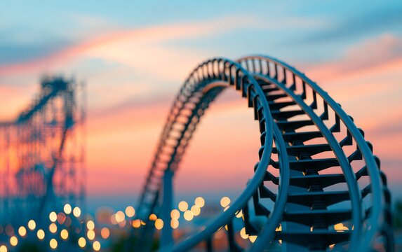 Curved steel roller coaster track at sunset with bokeh light background