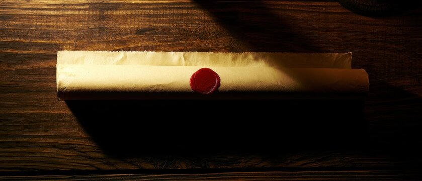Top-down view, a blank ancient scroll sealed with red wax on a textured wooden background, dimly lit by candlelight, casting long shadows, mystery concept
