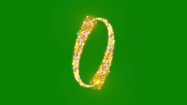 Glowing golden particle trails forming an oval ring frame with bright lens flare, motion graphics overlay on green background