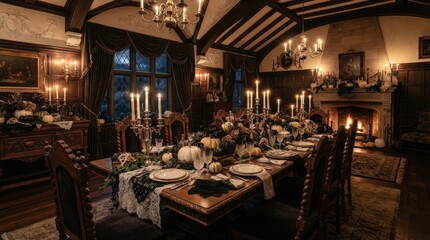 Obraz premium Gothic dining room set for a spooky Halloween feast with flickering candlelight