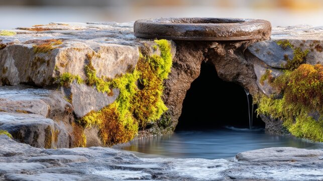 Close-up of moss-covered stone pipe pouring clear water into shallow pool