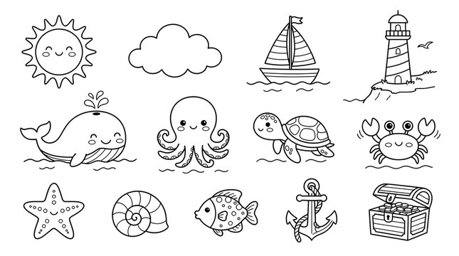 Set of cute hand drawn nautical and ocean themed doodle icons for summer design projects