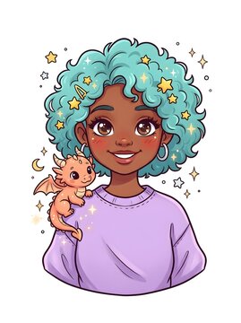 A girl with curly turquoise hair smiles while holding a small dragon. Stars and a moon surround her in a colorful, fun scene
