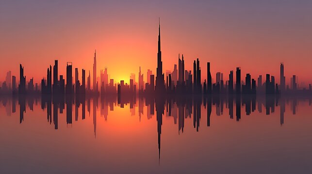 Dramatic sunset cityscape with skyscrapers and orange sky reflection skyline