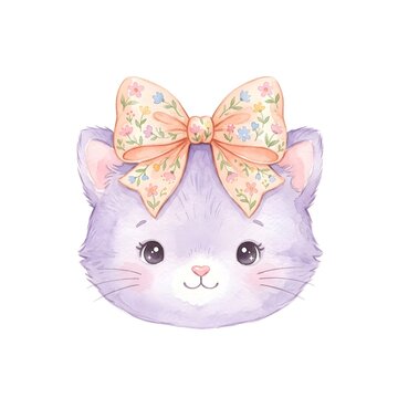 A cat face is shown with a light purple color and a large bow on its head. The bow has floral patterns and adds charm to the cat's appearance, making it look playful