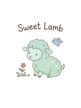 A green lamb sits on the ground next to a flower. A small blue bird flies above the lamb. The design is meant to be bright and cheerful