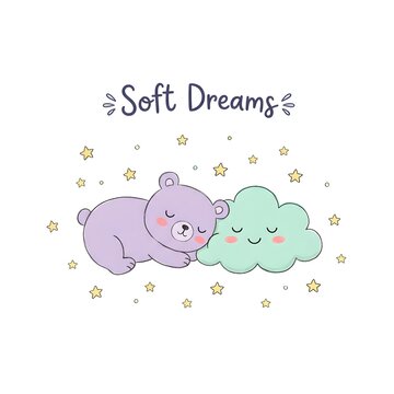 A bear is sleeping next to a cloud with a happy face. The scene has stars surrounding them. This image shows a cozy moment at night