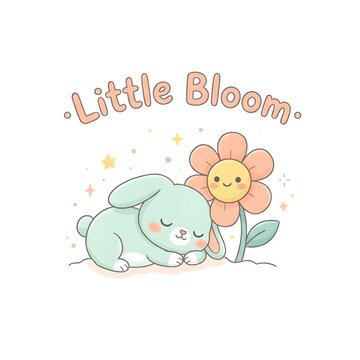 A soft green bunny lays down near a smiling flower with a bright yellow center. The words Little Bloom arch above them. This scene is cheerful and simple