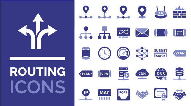 Routing icons set for network infrastructure, 30 flat vector symbols for IT systems, blue data technology graphics