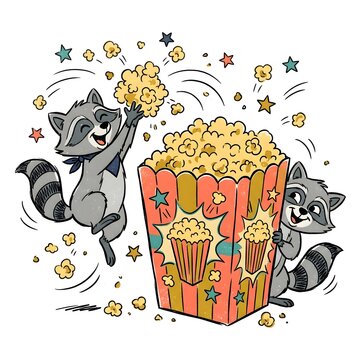 Two raccoons are enjoying a large box of popcorn. One is jumping in the air while the other holds the box. They are having fun and celebrating together in a vibrant scene