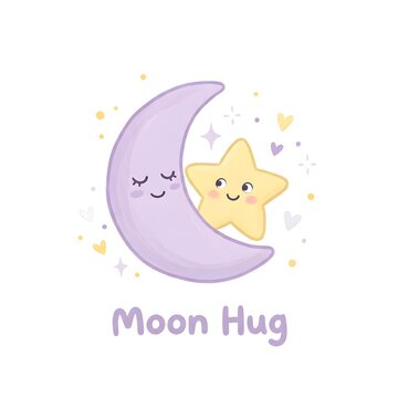A cute moon and star are together in a friendly hug. Soft colors fill the background with small hearts and sparkles. This scene is bright and inviting, showing joy and friendship