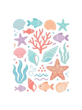 Bright images of fish, shells, and corals are arranged in a fun pattern. This design features various sea creatures and plants. It is suitable for decoration