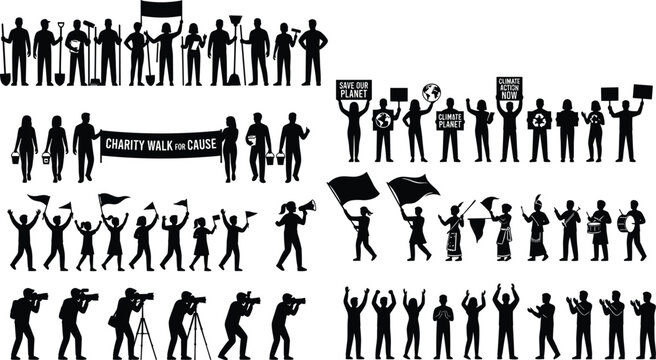 Volunteer, activist, and crowd protest silhouettes set with banners and flags