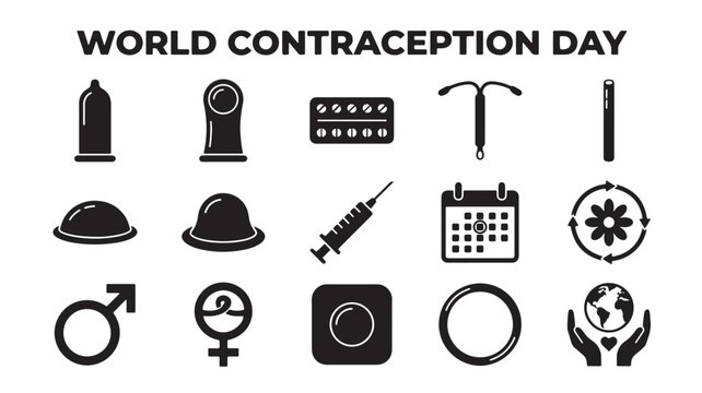 World Contraception Day icon set, black birth control and sexual health symbols, 15 reproductive safety vector elements for medical education