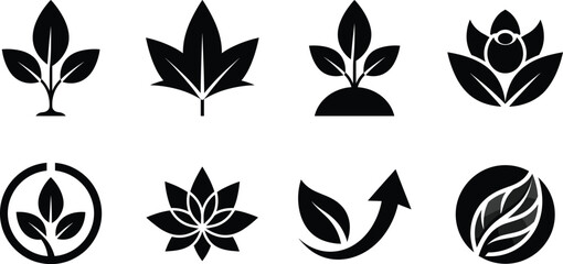Fototapeta premium Green Leaf and Plant Silhouette Icon Set for Organic Eco Friendly Nature Branding