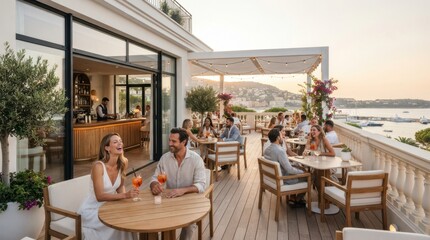 Obraz premium Elegant rooftop restaurant terrace overlooking the sea at sunset with happy diners