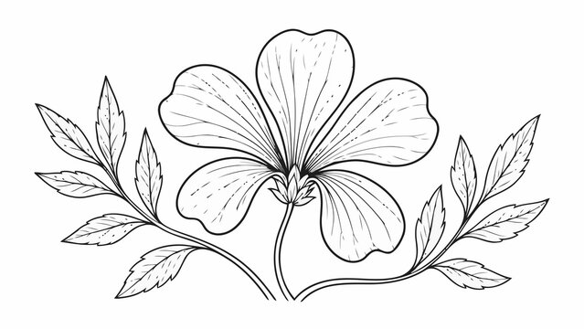 Black and white line drawing of a single flower with five petals, surrounded by two sets of leaves, all connected by thin stems. The style is minimalist and clean, with delicate, fine lines.