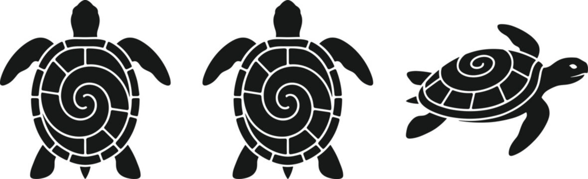 Sea turtle silhouette vector set featuring spiral shell patterns for ocean wildlife graphics, logos, and marine designs.