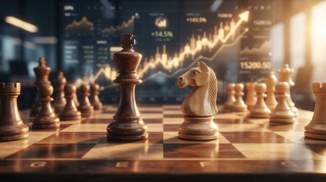 Market data and financial graphs overlaying chess pieces for a business strategy concept