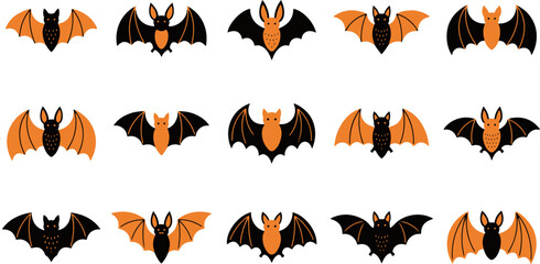 Obraz premium Set of various halloween bat illustrations in orange and black colors isolated on a white background for design