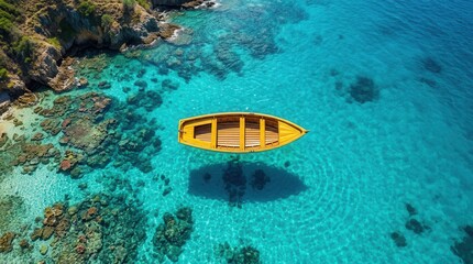 Clear turquoise ocean water with a yellow wooden boat, coral reef structures, and rocky island shore in a top down aerial view. © Lamduan