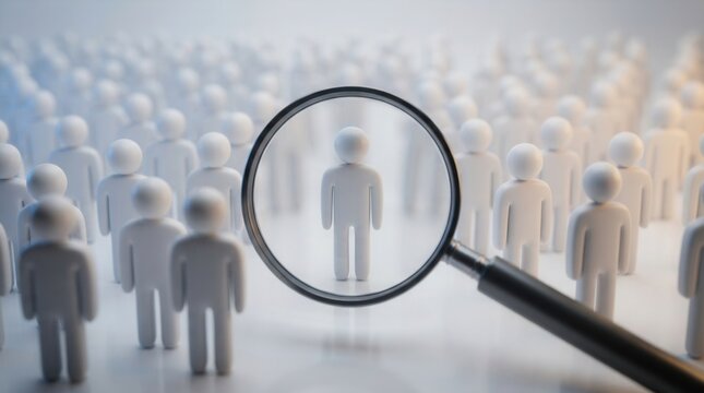 Concept of job hiring and human resources showing a unique individual selected from a group of people under a magnifying glass.