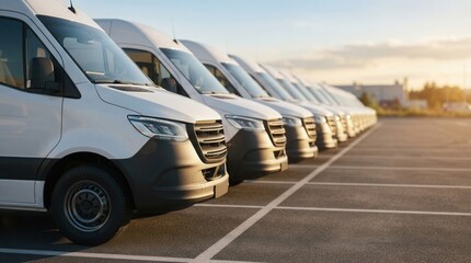 Commercial passenger vans parked in a row for the business transportation industry. © Lamduan