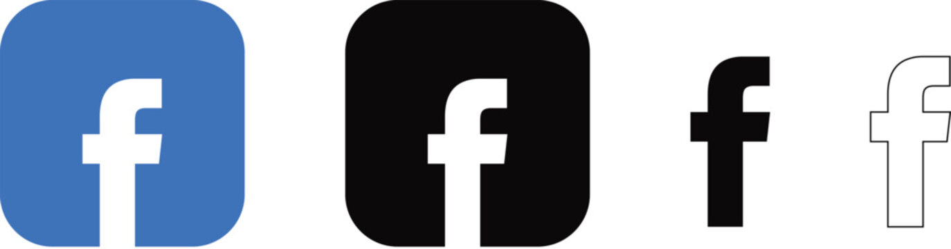 Set of facebook social media logo icons in blue black and outline styles for digital marketing and web design isolated on white background