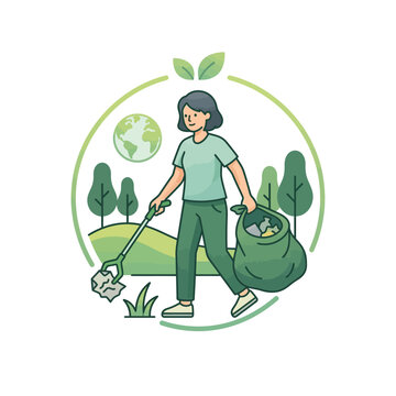 Woman Picking Up Trash with Picker and Trash Bag in a Park Illustration