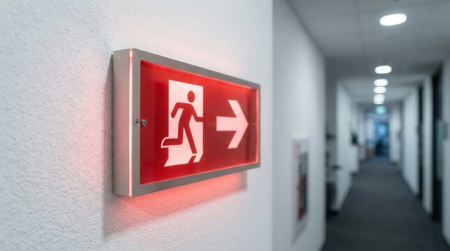 Running man icon and right arrow on an illuminated red emergency exit sign for safety compliance in office hallways.