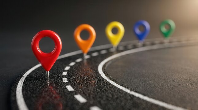 Journey progress and future goals represented by colorful markers on a winding road path for business growth and life strategy planning.