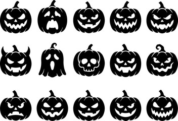 Obraz premium Set of carved halloween pumpkins and ghost faces on checkered background