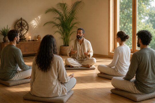 Group meditates together indoors with instructor guidance for wellness