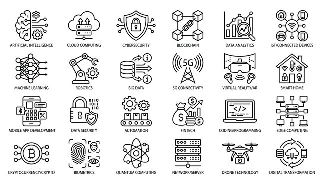 Modern technology line icons set, 24 digital transformation vector symbols, artificial intelligence and data science graphics for web design