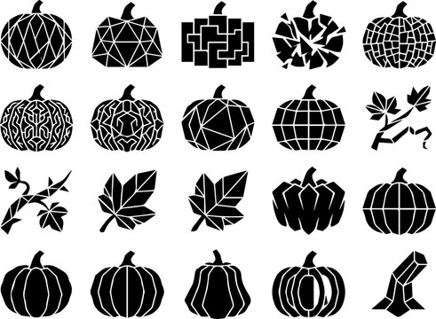 Geometric polygon pumpkin and autumn leaf abstract silhouettes set