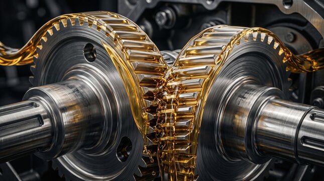 Interlocking steel gears lubricated with golden engine oil inside a high performance industrial transmission