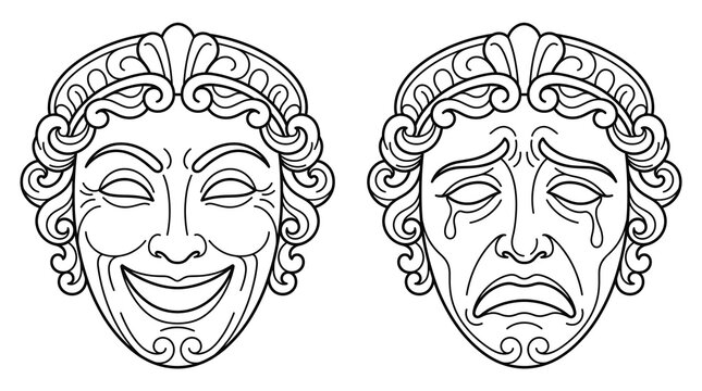 Ornate black outline classic theatrical masks display contrasting emotions, vector illustration commercial design element.