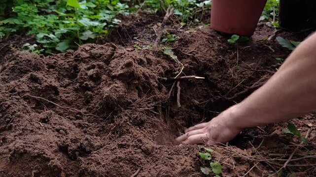 Man tamps soil inside a planting hole by hand before placing a tree, gardening preparation, landscaping work, outdoor project, summer season.