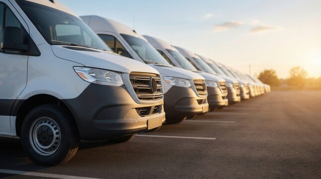 New commercial vehicles and passenger vans ready for rent in a modern transport fleet.